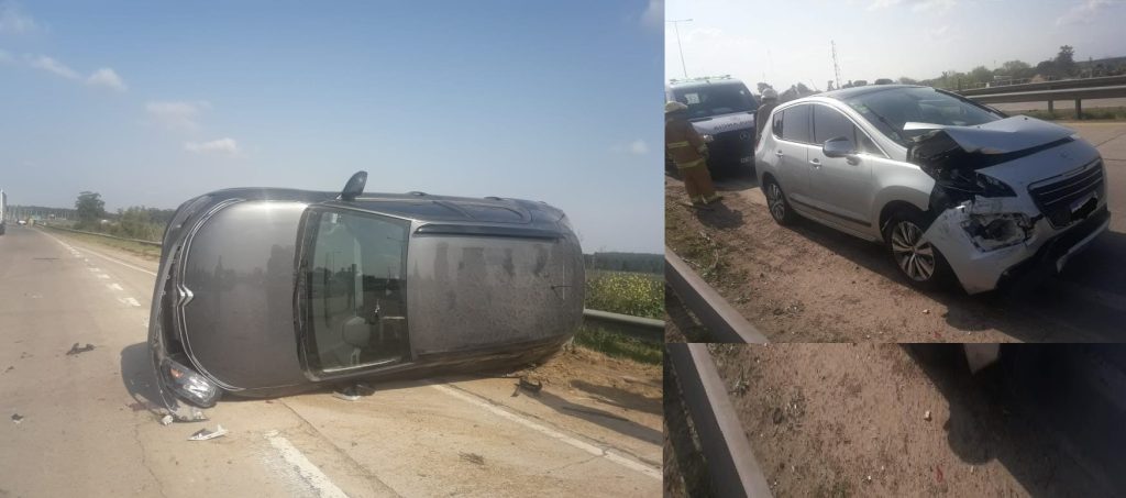 Accidente en la autovía –  Dos autos colisionaron, uno perdió el control y volcó