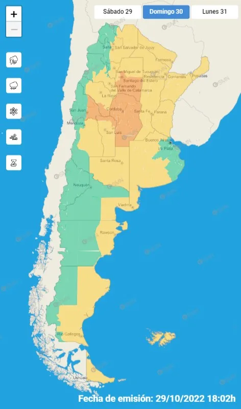 Alerta nivel amarillo por tormenta en gran parte del país