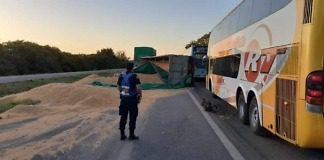Transportista uruguayense, volcó su carga al morder la banquina