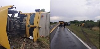 Un camión de caudales despistó y volcó