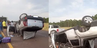 Una camioneta perdió el control se cruzó de carril y volcó