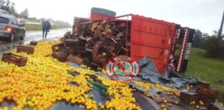 Volcó el acoplado de un camión y termino perdiendo su carga en la Autovía Artigas