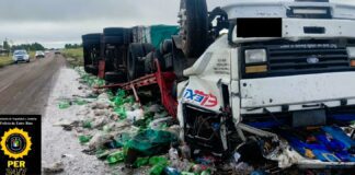 Un camión de gaseosas despistó y volcó en Ruta 12