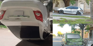 Funcionario policial protagonizó un impresionante choque con dos vehículos estacionado y volcó