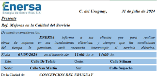 Interrupción Programada del Servicio Eléctrico en Concepción del Uruguay