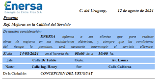 ENERSA Anuncia corte de Energía por obras de mejoras en Concepción del Uruguay