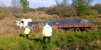 Un camión cargado de rodillos de papel despistó, terminando en los pastizales