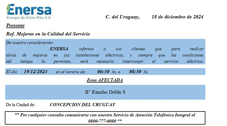 Corte programado de energía en Concepción del Uruguay