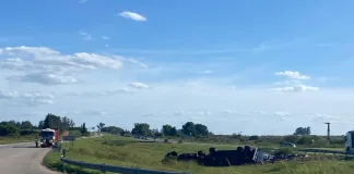 Accidente en la Autovía 14: Camión cargado de naranjas volcó en la rotonda de ingreso a San Cipriano