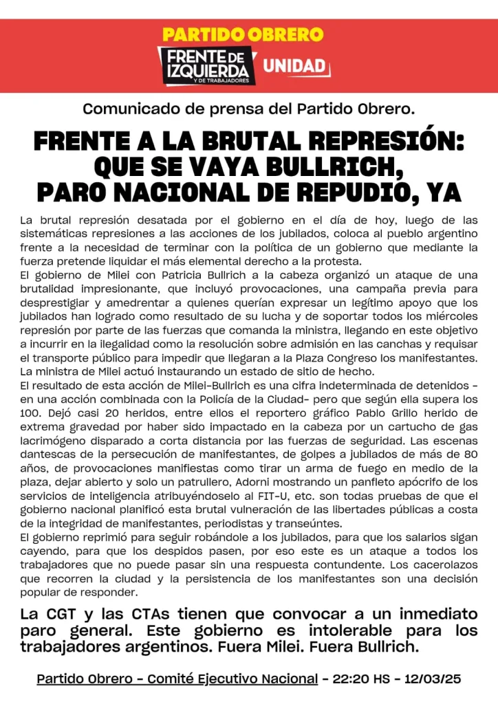 Frente a la brutal represión: que se vaya Bullrich, paro nacional de repudio, ya