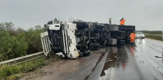 Vuelco de un camión con placas de madera en la Autovía Artigas: tránsito asistido y carga esparcida
