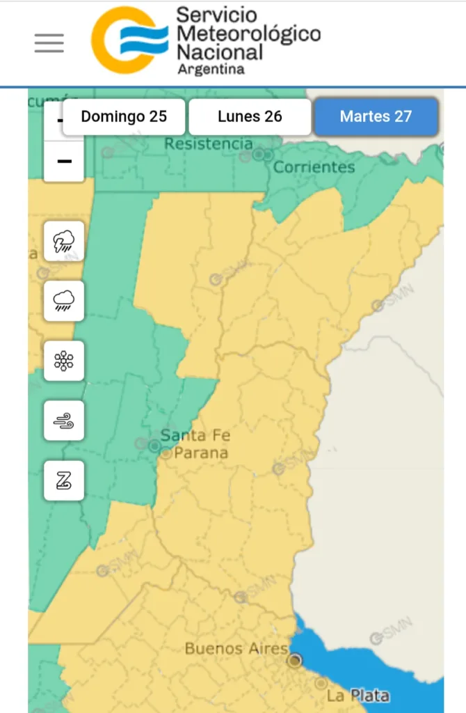Emitieron una alerta amarilla para la provincia de Entre Ríos