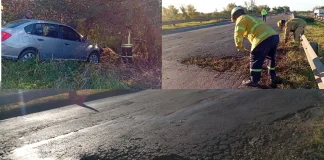 Despiste en Autovía 12 por gigantesco pozo: Un auto termina contra los árboles — Bomberos tuvieron que taparlo