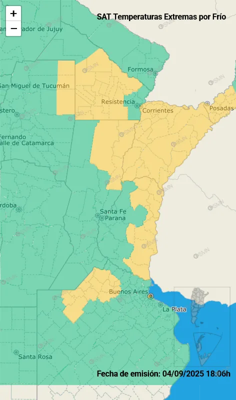 El Servicio Meteorológico Nacional emitió un alerta amarilla por frío extremo para todo el este de la provincia