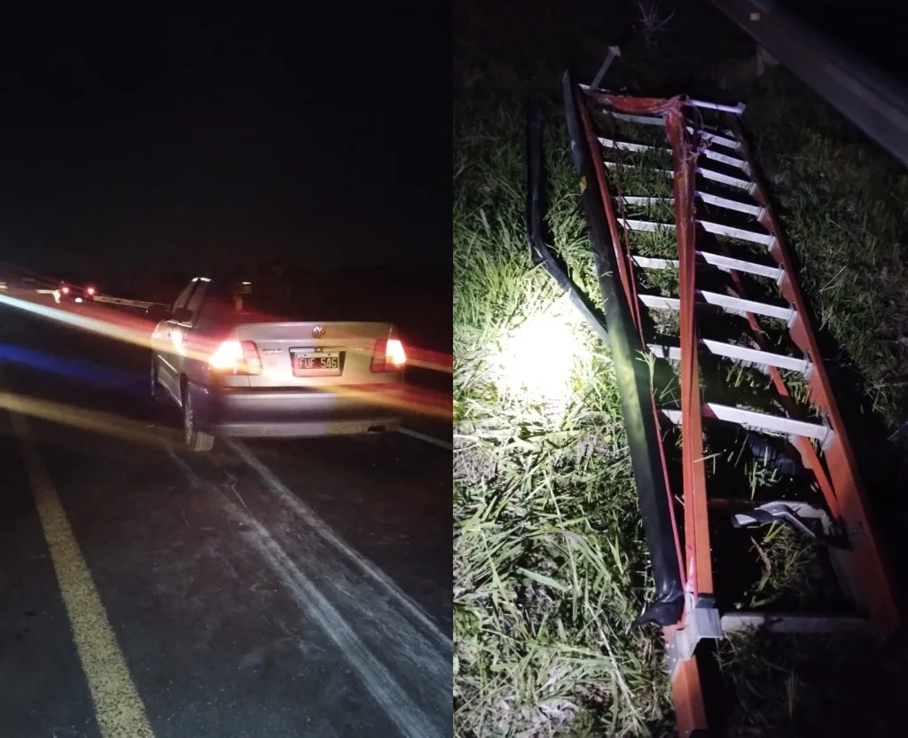 Insólito episodio en Ruta 127: un automóvil impacta contra una escalera abandonada