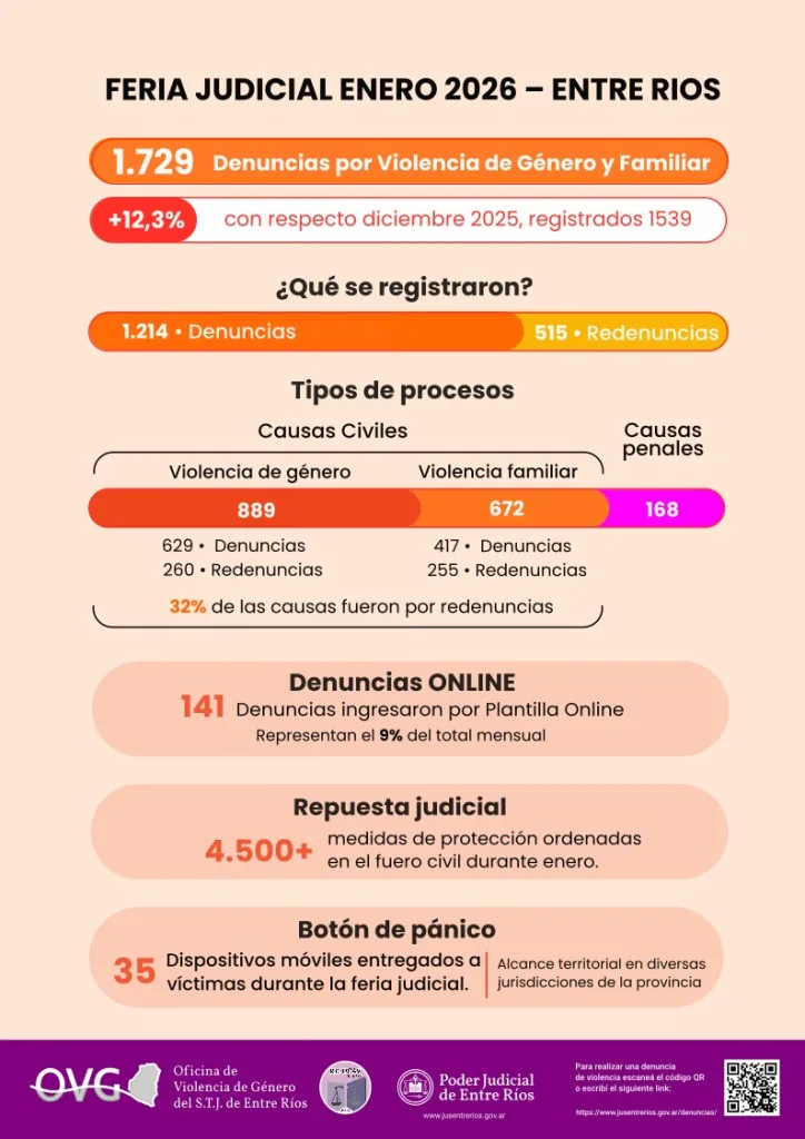 Durante la feria judicial se registraron 1.729 denuncias por violencia de género y familiar en Entre Ríos