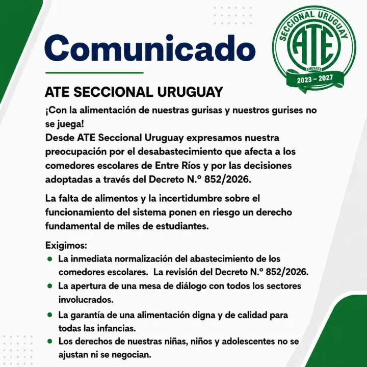 ATE Uruguay denunció el desabastecimiento en comedores escolares y pidió revisar el Decreto 852/2026