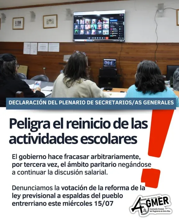 AGMER advirtió que peligra el reinicio de clases y rechazó la reforma jubilatoria impulsada por el Gobierno