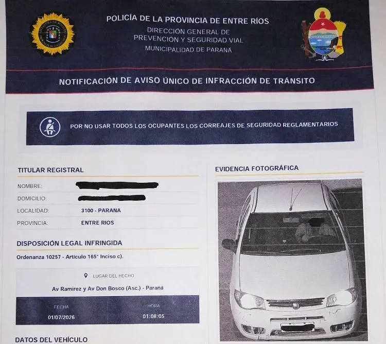 Paraná: Una cámara detectó que no todos usaban el cinturón y llegó la multa