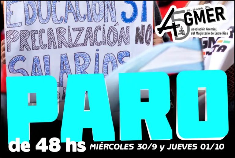 AGMER rechazó la propuesta salarial y confirmó un paro docente de 48 horas