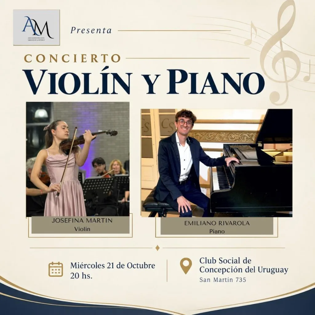 Josefina Martin y Emiliano Rivarola ofrecerán un concierto de violín y piano en Concepción del Uruguay